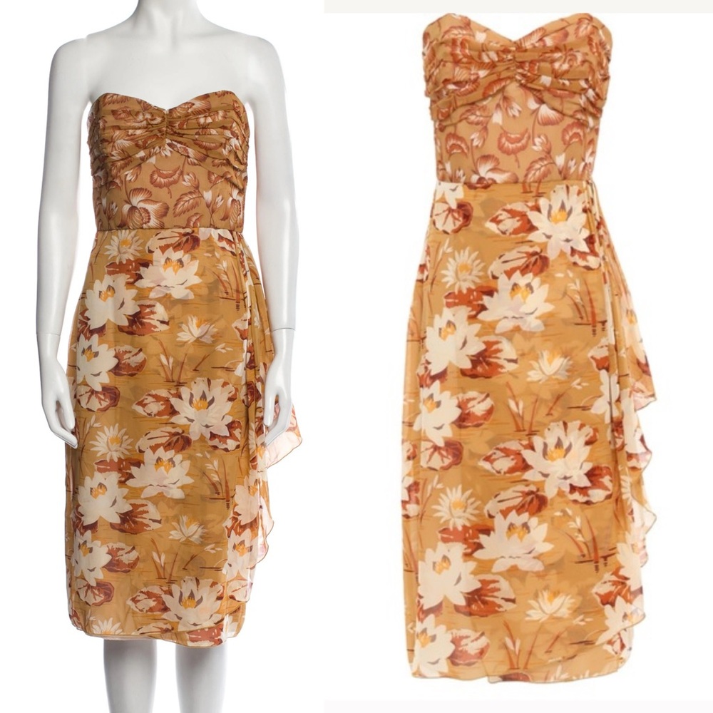 Anna Sui Strapless Silk Georgette Dress Brown Floral Ruched Wrap-Effect … - Picture 3 of 17